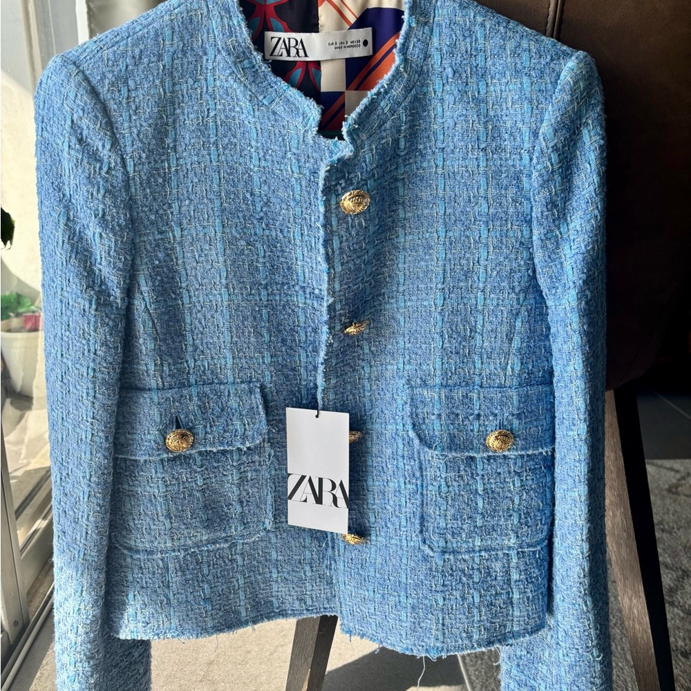 Zara Light Blue Tweed Blazer with Gold Buttons